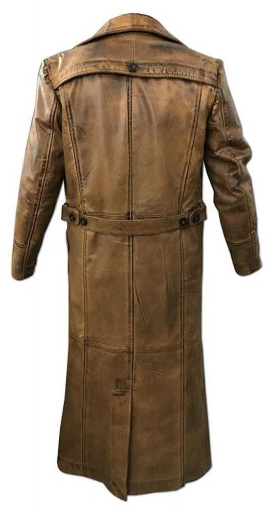 Trench marrone da uomo, pelle invecchiata, cappotto lungo sotto il ginocchio, cappotto in pelle di agnello originale