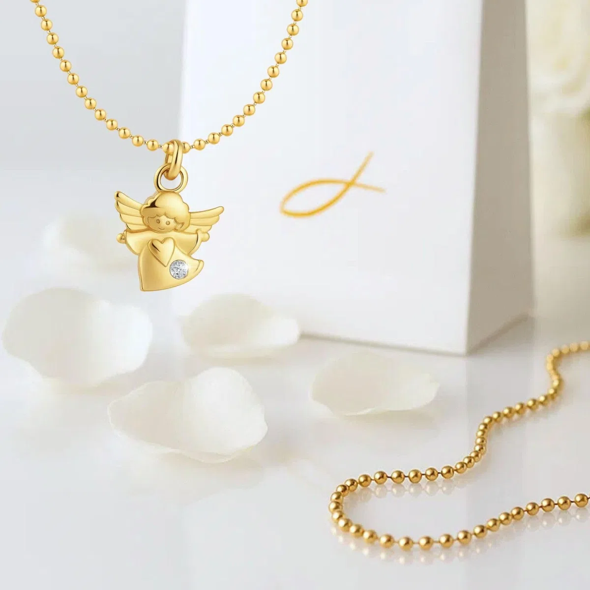 fish Collana battesimo/ragazzo/argento/oro, ciondolo a forma di angelo custode, per bambini, regalo per battesimo, nascita, biglietto di auguri e confezione regalo