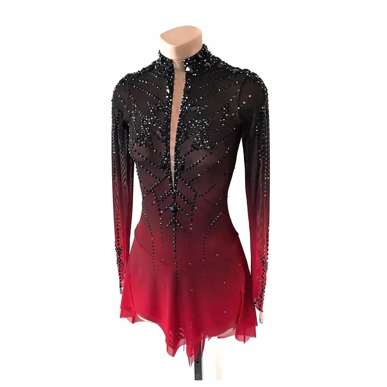 Vestito da pattinaggio su ghiaccio da ragazza, colore nero e rosso, tinta con aureola, professionale, maniche lunghe, da competizione, ginnastica, body con cristalli