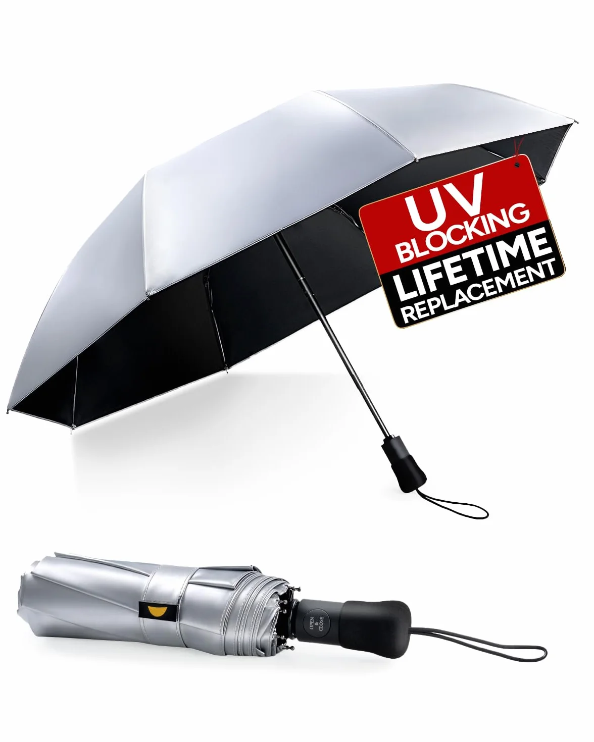 Ombrello Parasole Anti UV UPF 50+, 106/116cm Argento Ombrello Pieghevole Antivento Compatto, Leggero Sotto 390g con Apertura Chiusura Automatica, Ombrello da Viaggio Portatile