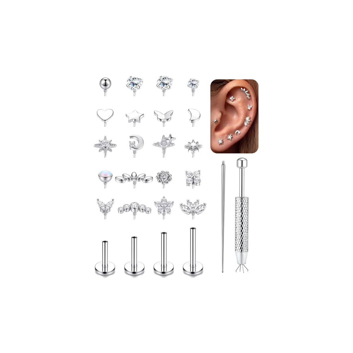 YADOCA 16G/18G Helix Piercing Orecchio Acciaio Chirurgico Oro Argento Ipoallergenico Orecchini Naso con Filettatura Interna Piercing Trago Helix Conch Labbro Labret 6/7/8/10mm