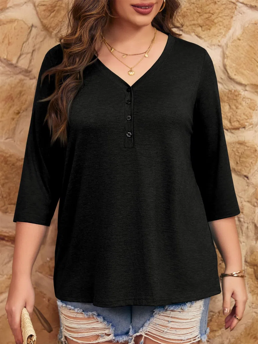 Fisoew Maglietta da Donna con Maniche a 3/4, con Scollo a V, con Bottone, Oversize, a Maniche Corte