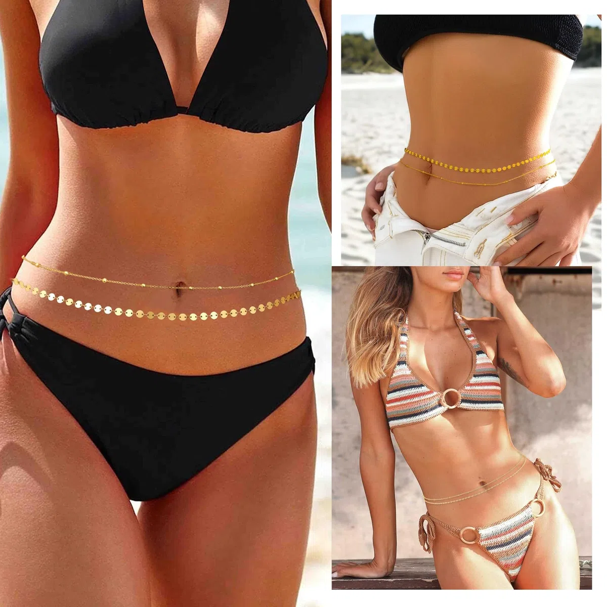 2 Pezzi Catena a Vita in Oro per Donne, Catena a Pancia Stratificata in Acciaio Inox Regolabile Impermeabile Sexy Bikini Catena di Perline Catene Corpo Estivo Regali Gioielli