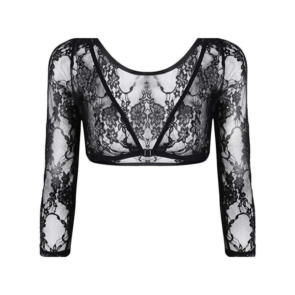 Donna Coprispalle in Pizzo, Top Fronte Aperto con Scollo a V, Coprispalle a Rete Trasparente con Chiusura ad Occhiello, Bolero Floreale a Maniche Lunghe per Abiti, Cerimonia, Nero, S-XL
