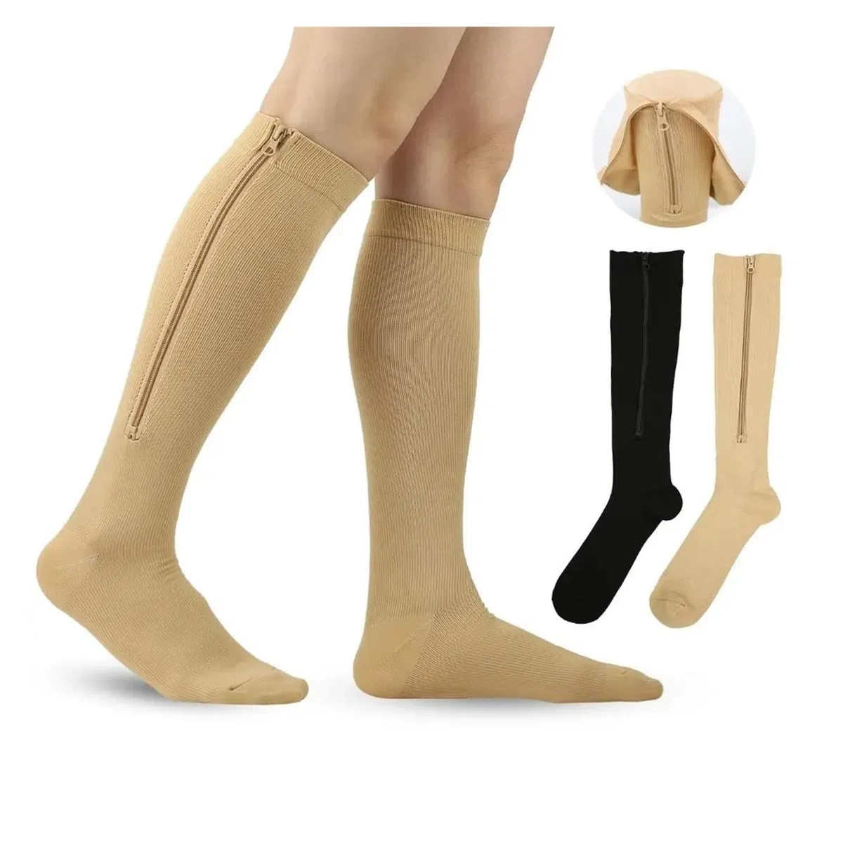calze compressione 1 paio di calze a compressione con cerniera da donna e uomo, elastiche in nylon punta chiusa(Black,XXL)