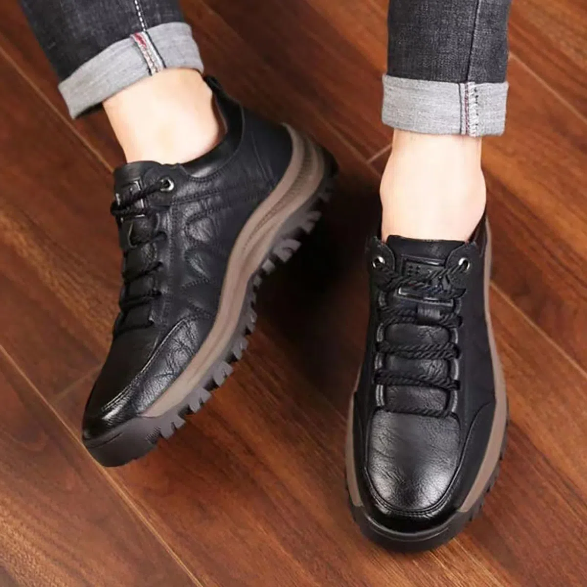 Scarpe in Pelle Cucite A Mano, Sneaker da Trekking da Uomo con Supporto Plantare Anti-Fatica Antiscivolo E Antiurto, Comode Scarpes da Ginnastica Ortopediche in Pelle da Uomo, Sneaker con Lacci