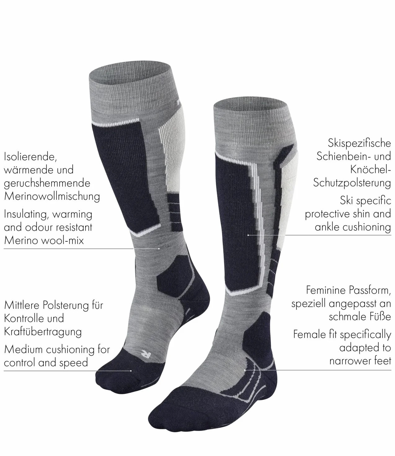 FALKE donna SK2 calzini da sci imbottitura media protezione tibia spessi caldi traspiranti asciugatura rapida termoregolanti antiodore lana filo funzionale 1 paio
