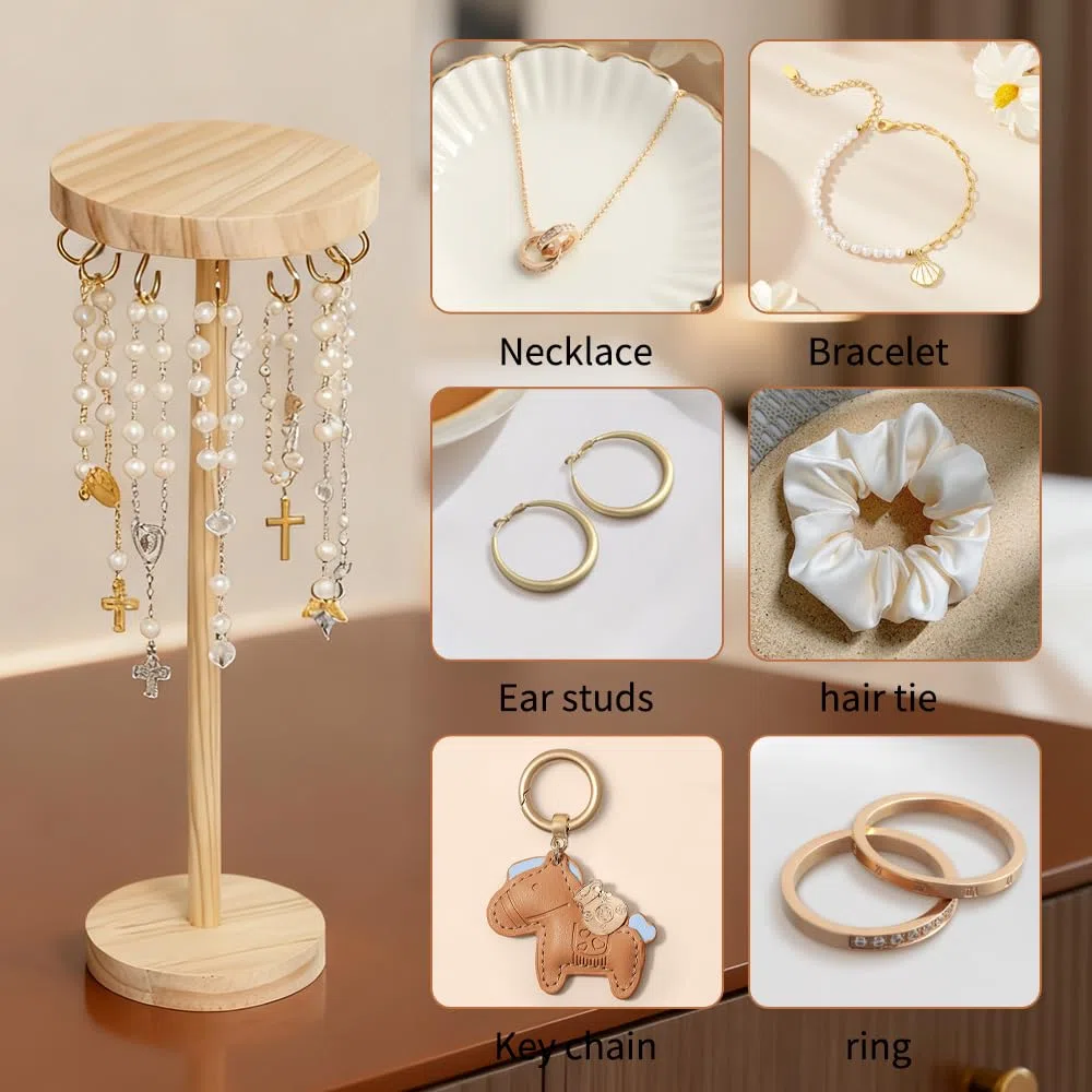 2 Porta Collane Legno Espositore Collane Lunghe con 24 Ganci Espositore Porta Gioielli Bracciali Orecchini da Appendere Portachiavi da Tavolo con Base Legno per la Camera da Letto Toeletta