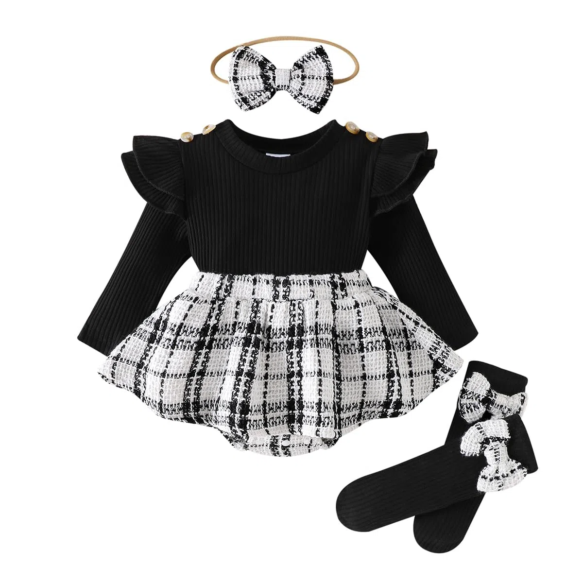 2 Pezzi Completo Neonata Elegante Tutina Vestito Abito a Quadri Manica Lunga Romper Battesimo + Fascia Bowknot Autunno Inverno per Bambine