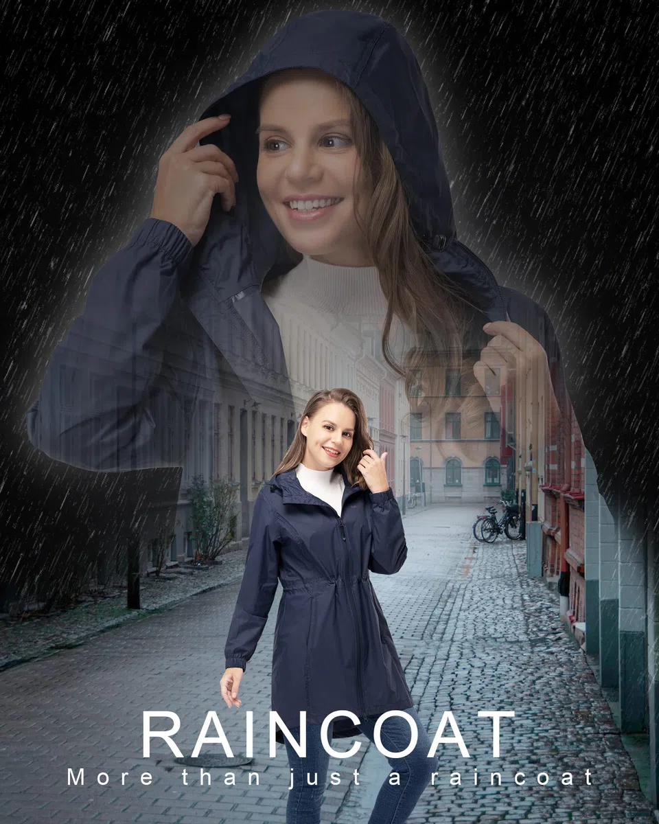 33,000ft Women's Rain Jacket Lightweight Hooded Long Rain Coat Waterproof Jacket Ladies Packable Functional Jacket Windbreaker Breathable Active Outdoor Coats