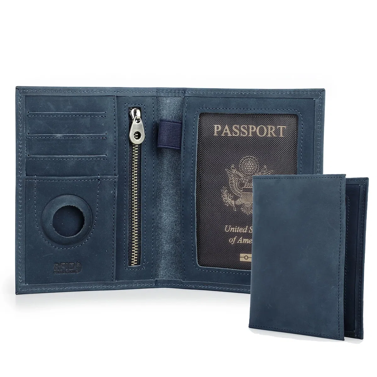CONTACTS Portafoglio per passaporto da uomo, in vera pelle, con blocco RFID, con fessura per AirTag, organizzatore per carte, embrague sottile per viaggi di famiglia, Blu-S, Rétro