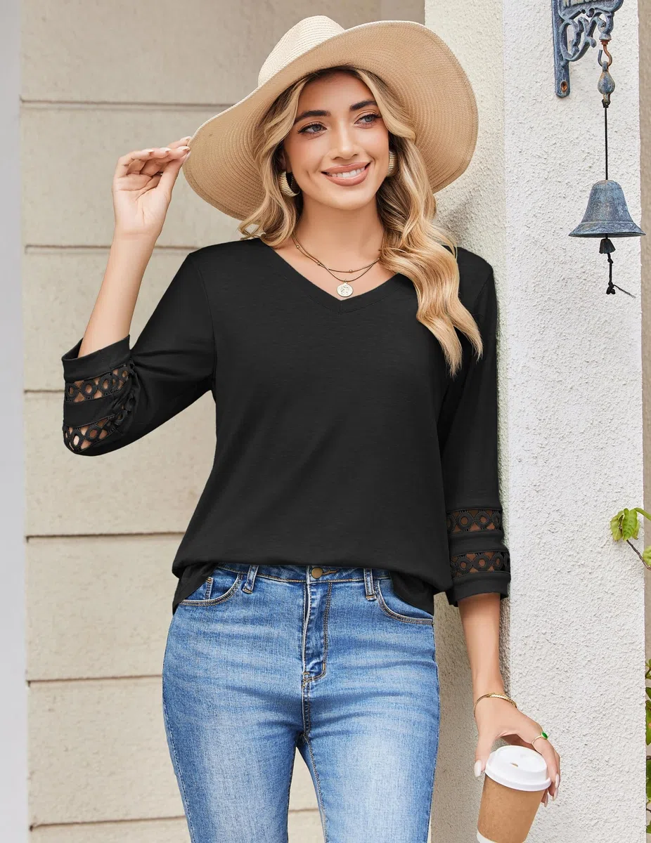 Zeagoo Camicia Donna Elegante Maniche 3/4 Camicie Scollo a V Camicetta Traforato Blusa Estive Ampia Tunica Top S-3XL