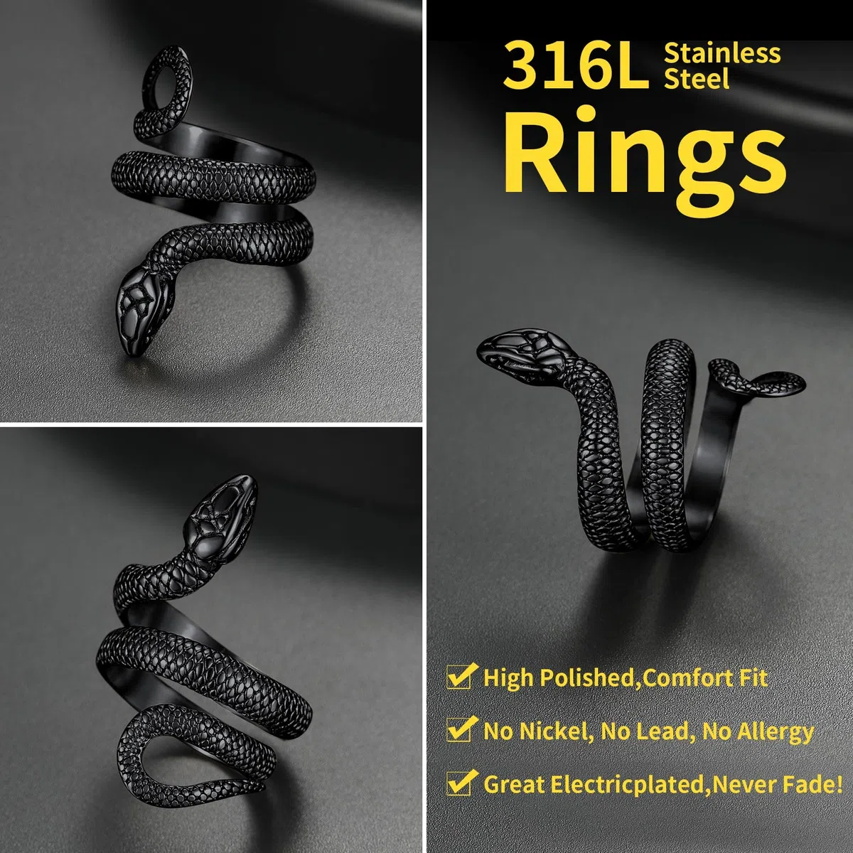 ChainsHouse Serpente Anello Acciaio Uomo Stile Punk Gotico Impermeabile Taglia IT 14-27