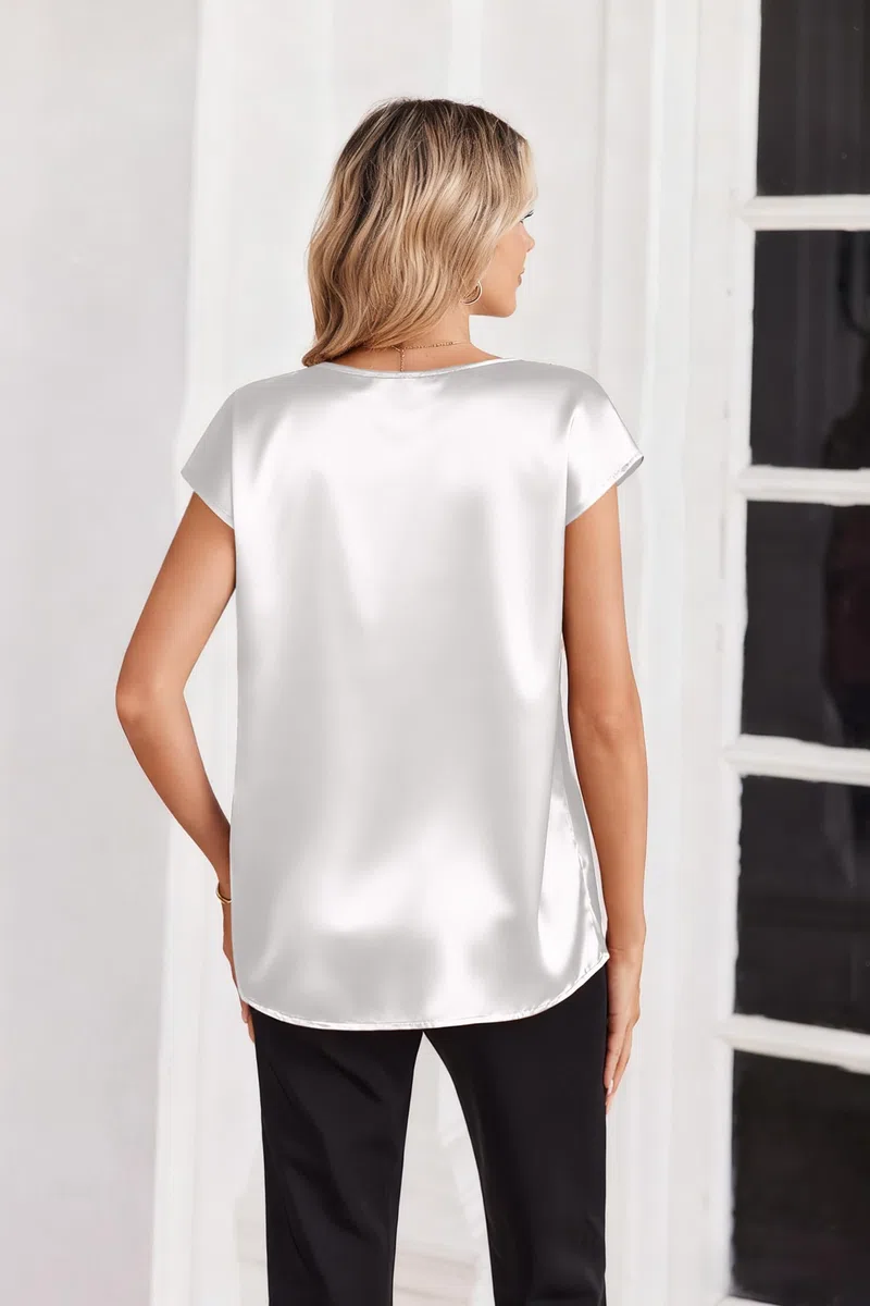 Zeagoo Camicia Donna in Raso con Scollo a V e Maniche Corte Seta Blusa Eleganti Camicie Estivo Satin T-Shirt Top Basic Raso Libero Unita Camicie S-XXL