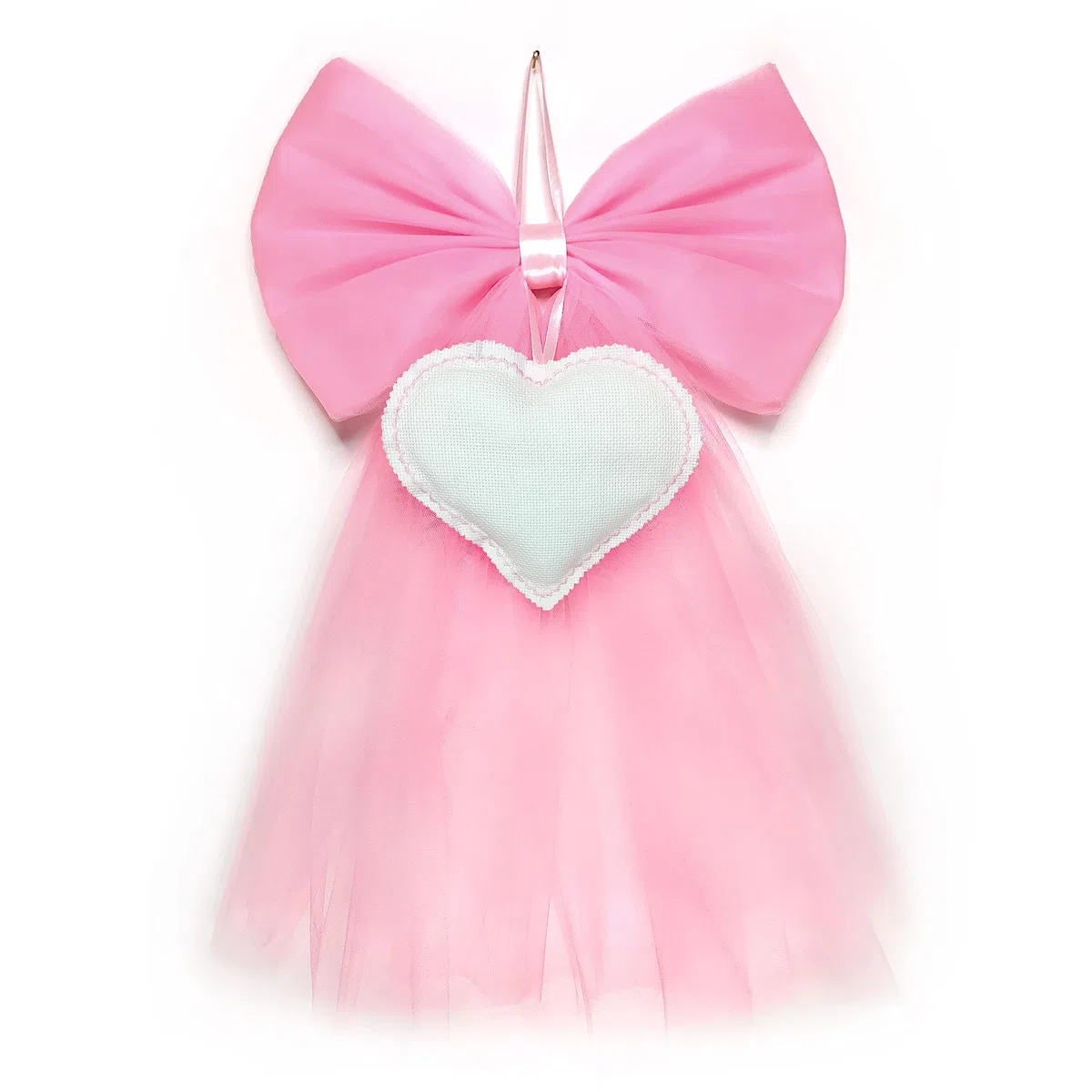Crociedelizie, fiocco nascita coccarda fuori porta cuore ricamabile puntocroce tela aida e tulle rosa