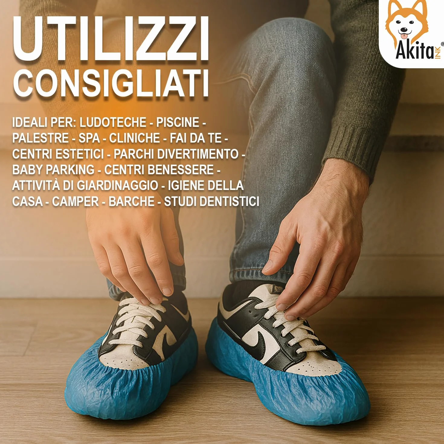 AKITAInk 100 Copriscarpe Monouso Resistenti | CPE, Impermeabili, Blu, Fondo Goffrato, Taglia Unica Fino al 48, DPI Dispositivi di Protezione Individuale per Pulizia, Cliniche, SPA, Giardinaggio