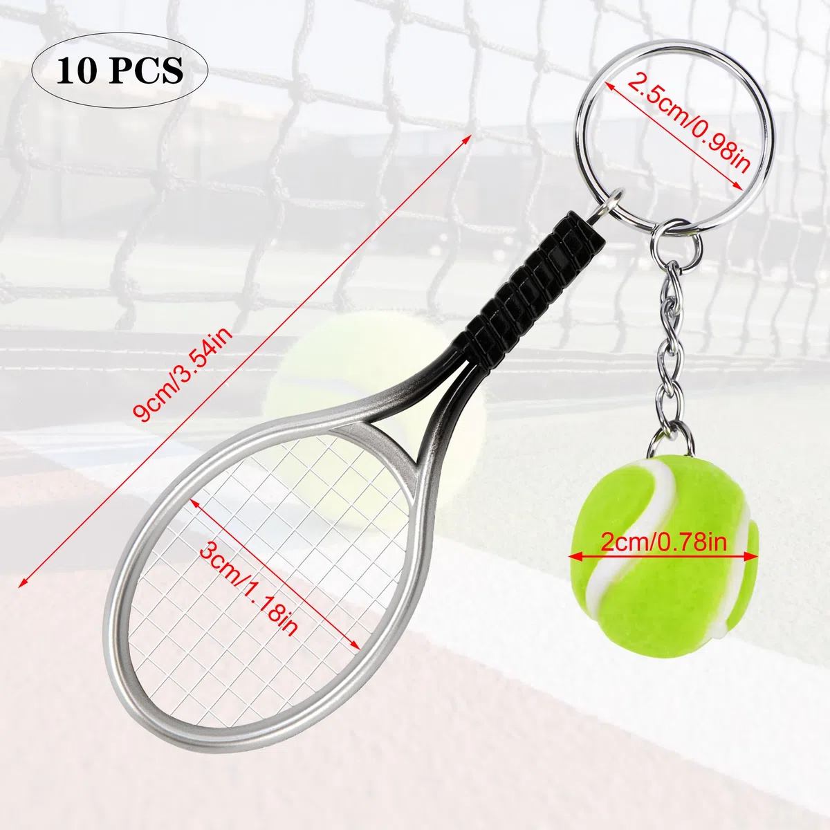 Portachiavi Sport Mini Leggero Portachiavi Racchetta da Tennis Creativo Regalo Squisita per Amanti del Tennis 10 Pezzi (Argento)