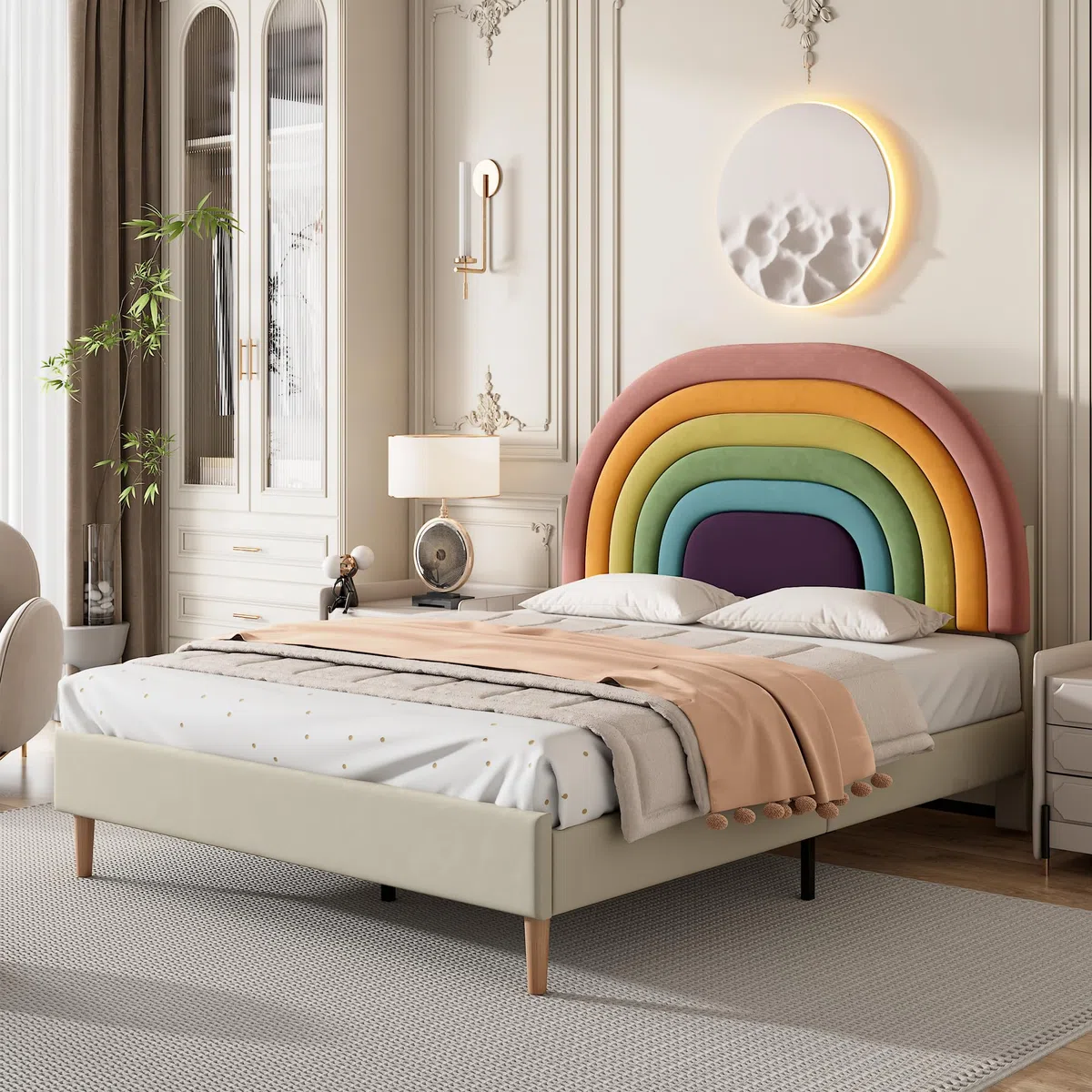 Idemon Letto imbottito 140 x 200 cm, con rete a doghe e testiera, letto per ragazzi, per adulti e adolescenti, rete a doghe in legno, facile da montare, testiera regolabile in altezza, velluto, beige