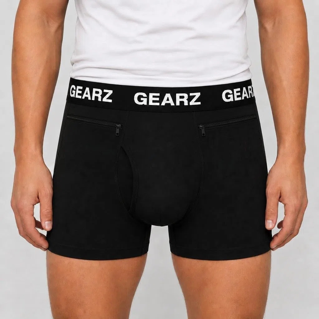 GEARZ - Boxer antifurto Uomo Viaggio, Boxer Tasca Zip Nascosta Sicurezza, Intimo Segreto con Tasche nascoste, Cotone Elasticizzato Nero