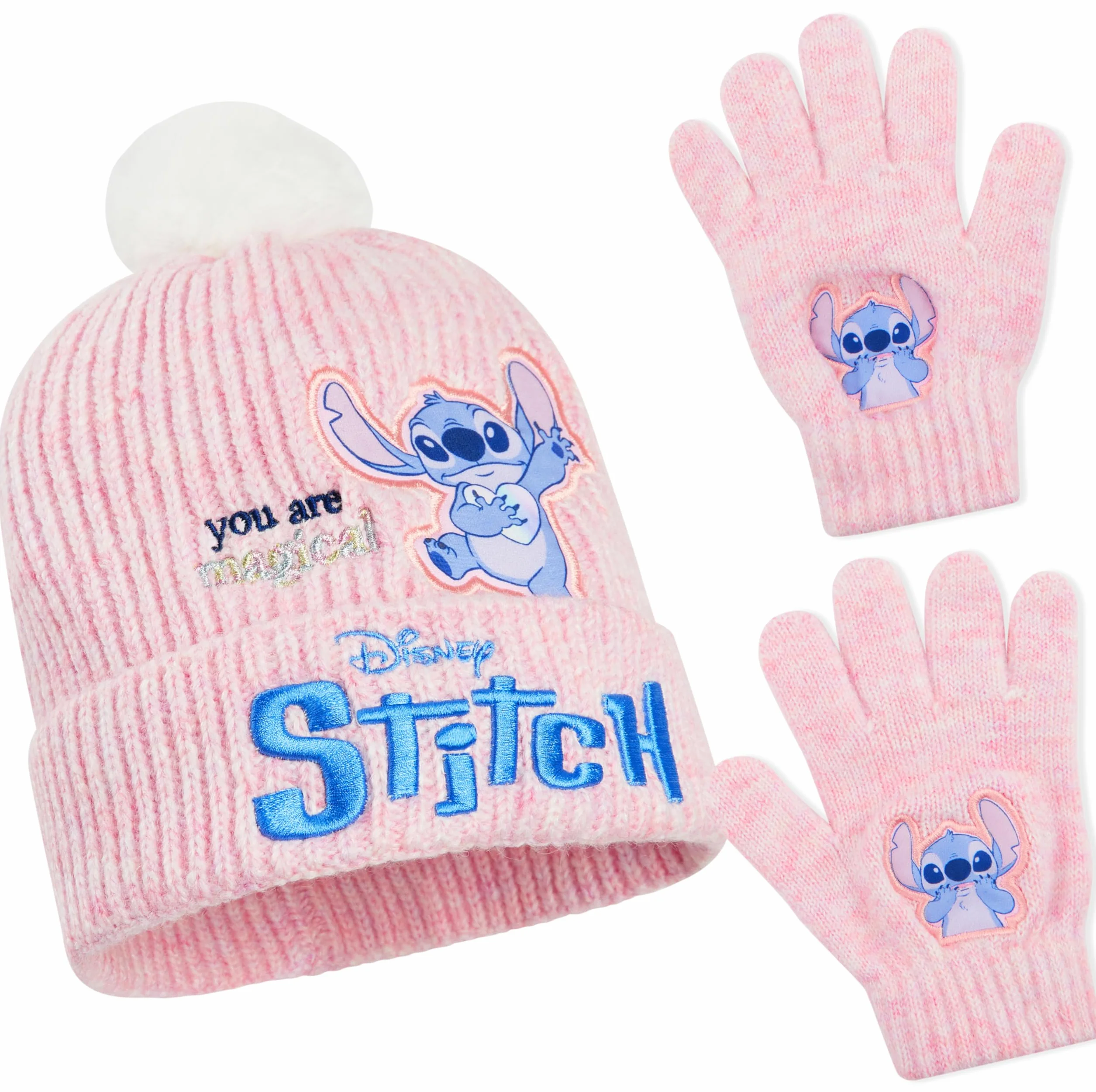Disney Stitch Accessori Invernali Bambina Adolescenti, 2 Pz Set Guanti e Cappello per Scuola Viaggiare - Regalo Bambino
