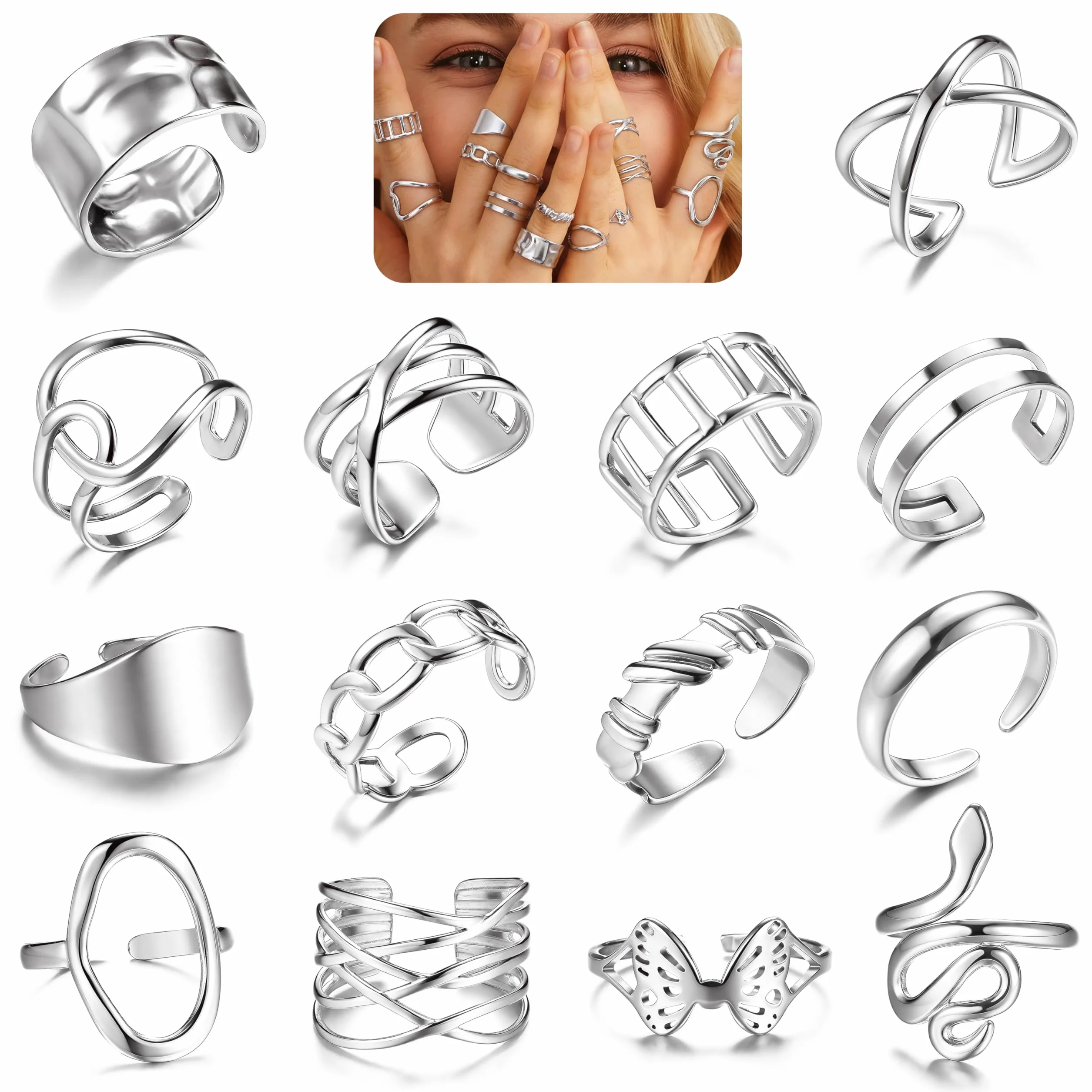 LOLIAS 14 Pezzi Set Anelli Donna Acciaio Inossidabile Anello Regolabili Boho Aperto Minimalista Impilabili Anelli Argento/Oro Mignolo Pollice con Cuore Donna