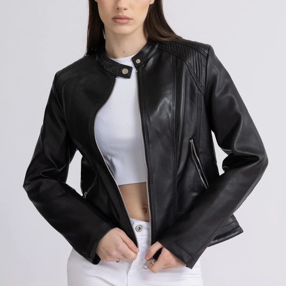 Giacca Donna in Ecopelle Leggera con Cerniera e Tasche