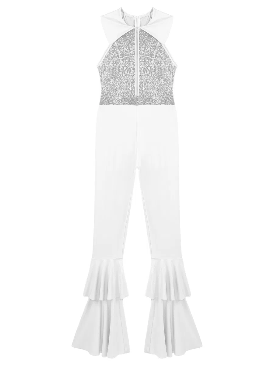 Hansber Disco Outfit Donna Anni 70 Glitter Paillettes Tuta Senza Maniche Jumpsuit Intero Abito Da Ballo Con Gamba Larga A Scalare Abbigliamento Danza