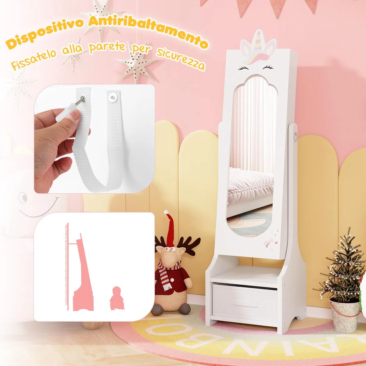 GYMAX Armadio per Gioielli per Bambini con Specchio a Figura Intera e Cassetto, 2 Angoli di Inclinazione Regolabili, Armadio per Gioielli da Principessa per Cameretta, 31,5 x 30 x 115 cm (Bianco)