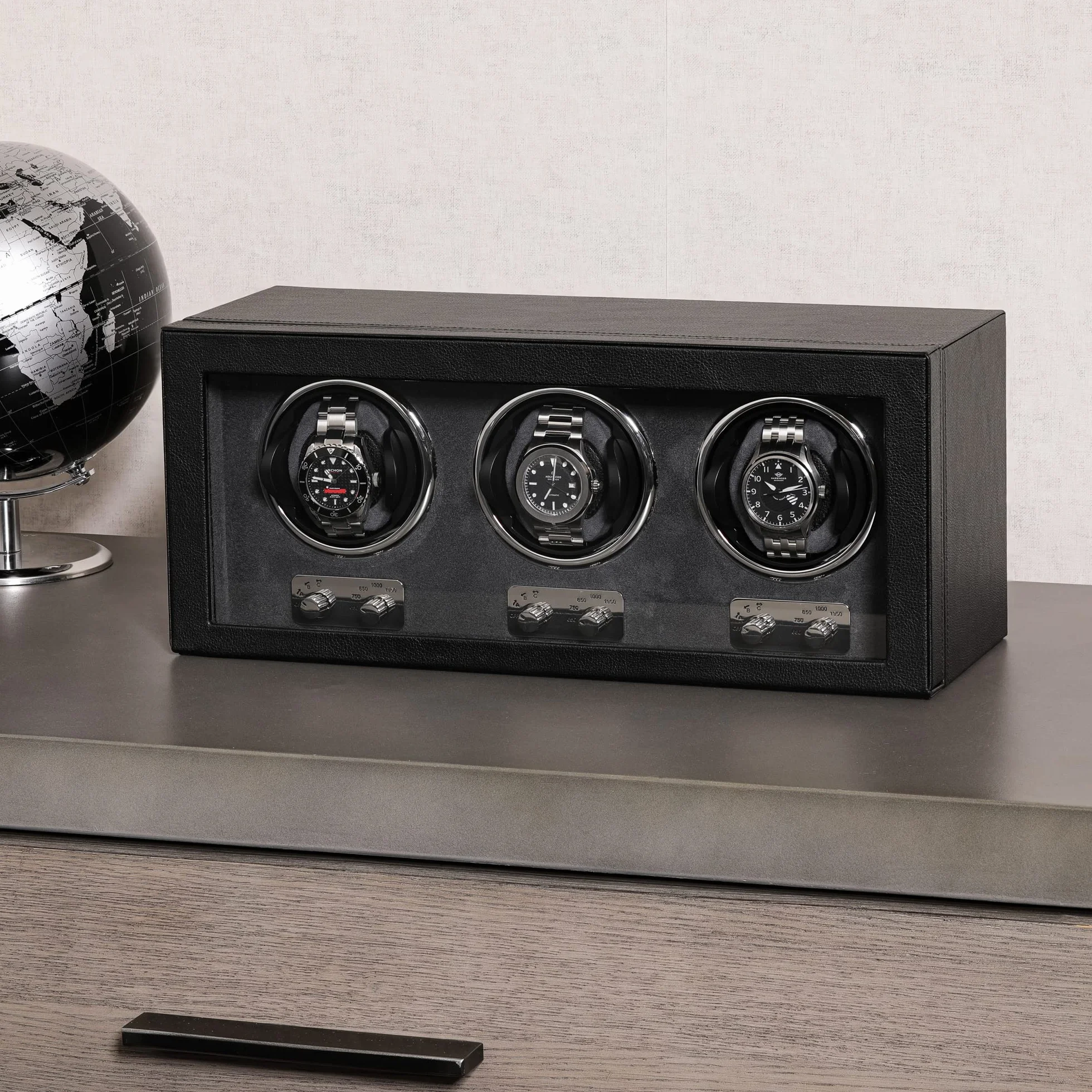 ROTHWELL Triple Watch Winder per orologi automatici con motore silenzioso con velocità multiple e impostazioni di rotazione (Nero/Grigio)