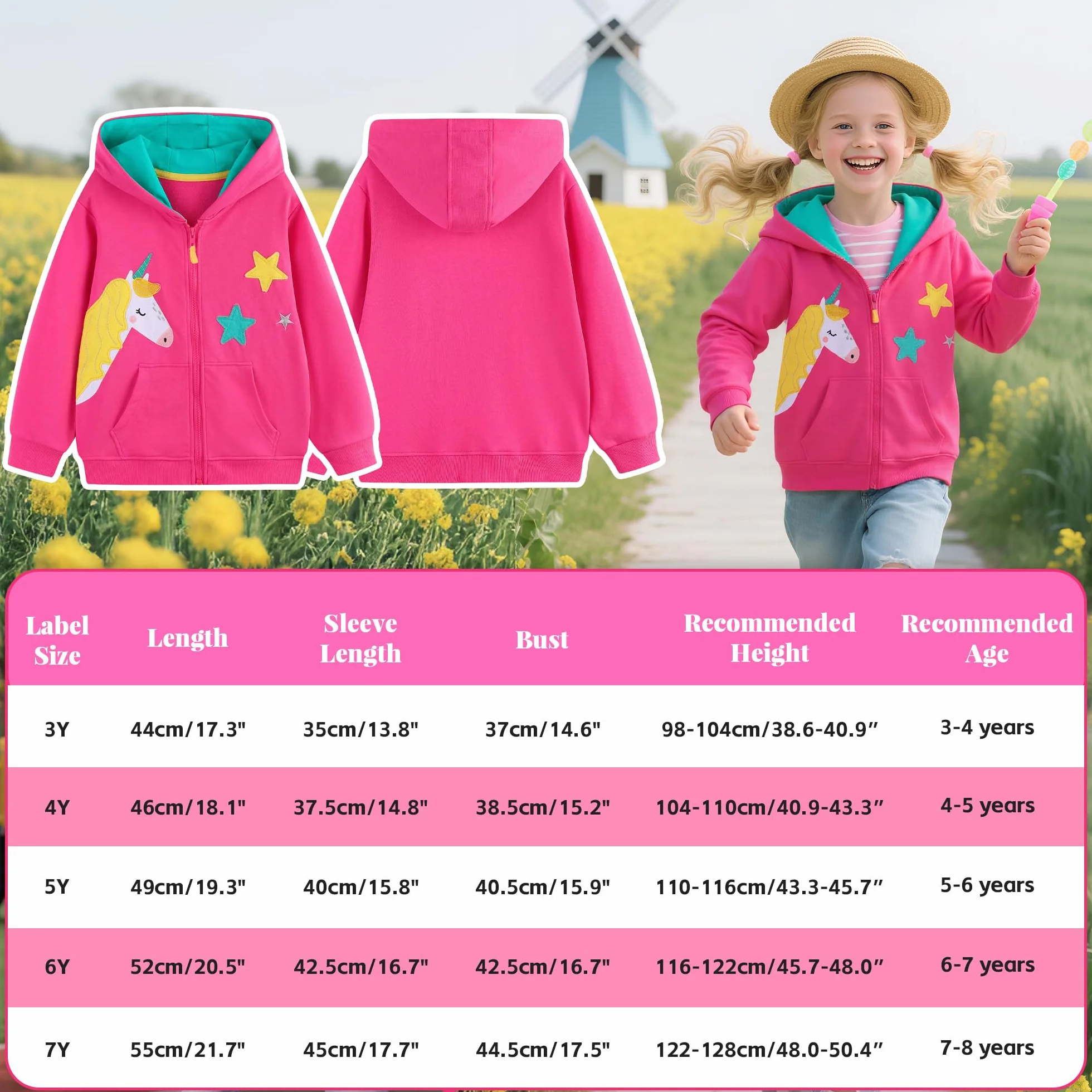 Felpe con Cappuccio Ragazza Zip Bambine Cotone Giacca Cappuccio a Manica Lunga Moda Carino Casual Hoodie con Cerniera e Tasche Vestiti Felpa per Ragazze età 3-8 Anni