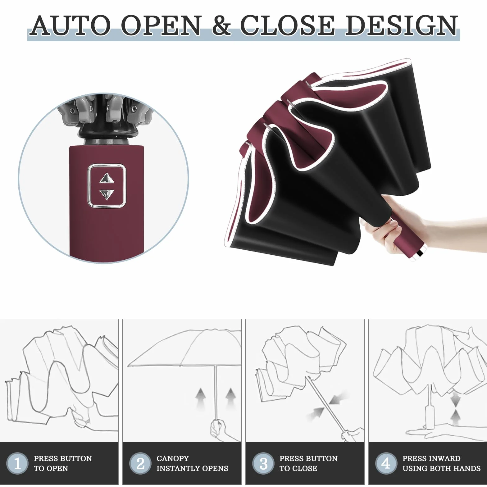 Ombrello Inverso Automatico, Ombrello Pieghevole Antivento, Ombrello Grande da Pioggia 10 Stecche Rinforzate per Uomo e Donna, Diametro 105cm