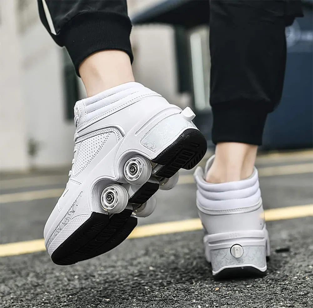 Scarpe con Ruote 2 in 1 per Bambini e Ragazzi, Skateboard, Scarpe da Ginnastica Multiuso, Pattini a Rotelle Quad, Moda, Regalo di Compleanno, Unisex, Bianco, 35 EU
