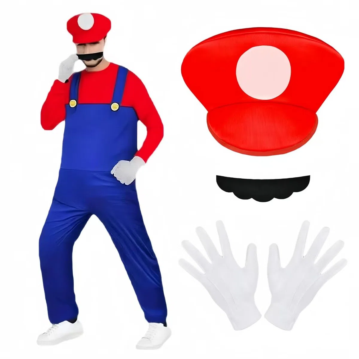 Costume Adulto per Carnevale, 4Pcs Costume Super bros con Cappello, Baffi, Guanti, Adulto Cosplay Costumi Unisex, Fancy Dress Outfit Adulti per Halloween, Carnevale