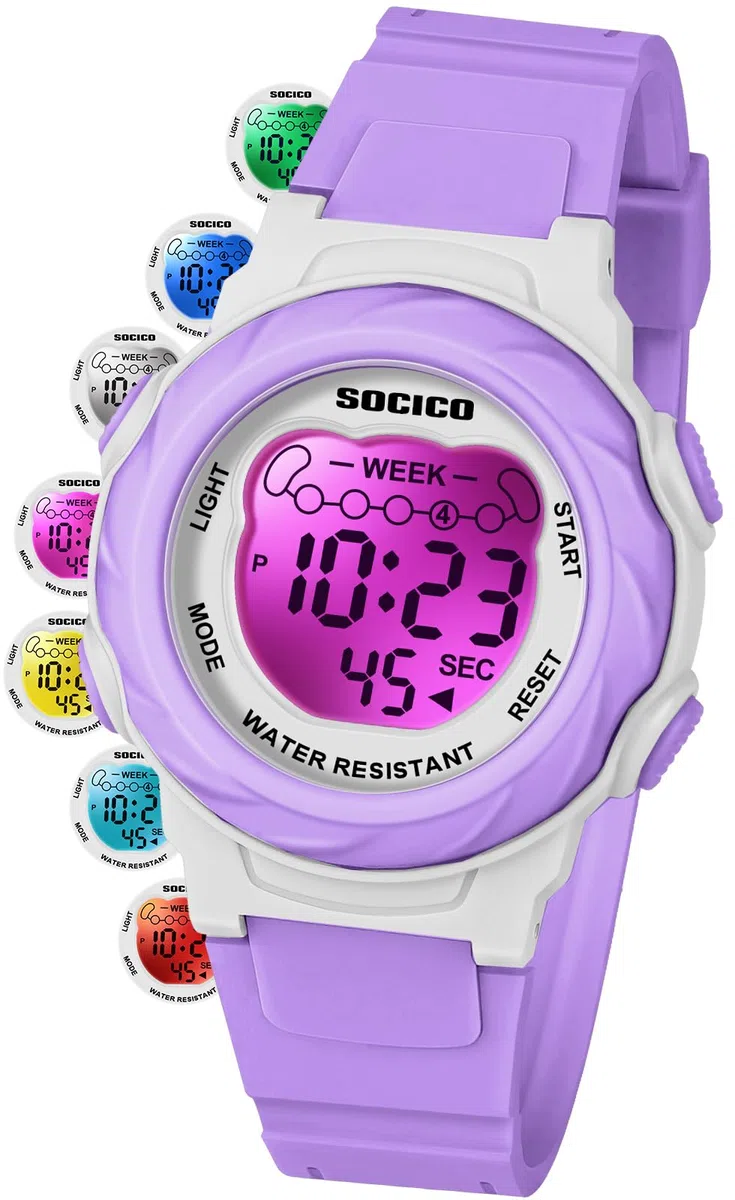 SOCICO Orologio digitale per bambini, resistente all'acqua 5ATM, orologio per bambini illuminato a 7 colori con sveglia e cronometro per bambine e bambini dai 5 ai 12 anni.