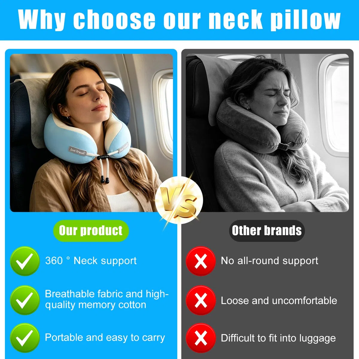 Cuscino da Viaggio Aereo, Cuscino Cervicale Memory Foam Ergonomico a Forma di U con Federa in Ice-Seta, Ideale per Auto Treno Ufficio, Incluso Maschera per Dormire e Tappi per le Orecchie