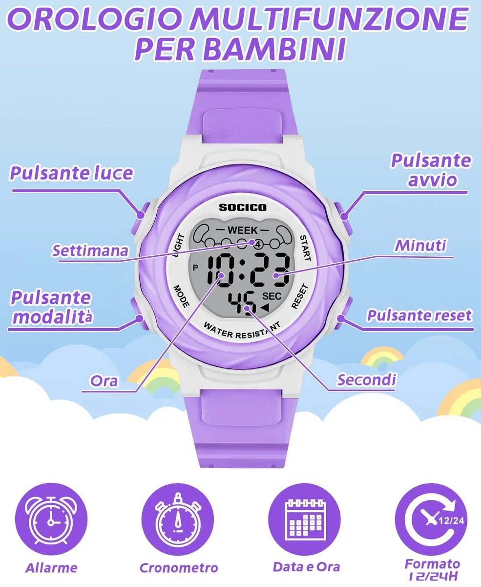 SOCICO Orologio digitale per bambini, resistente all'acqua 5ATM, orologio per bambini illuminato a 7 colori con sveglia e cronometro per bambine e bambini dai 5 ai 12 anni.