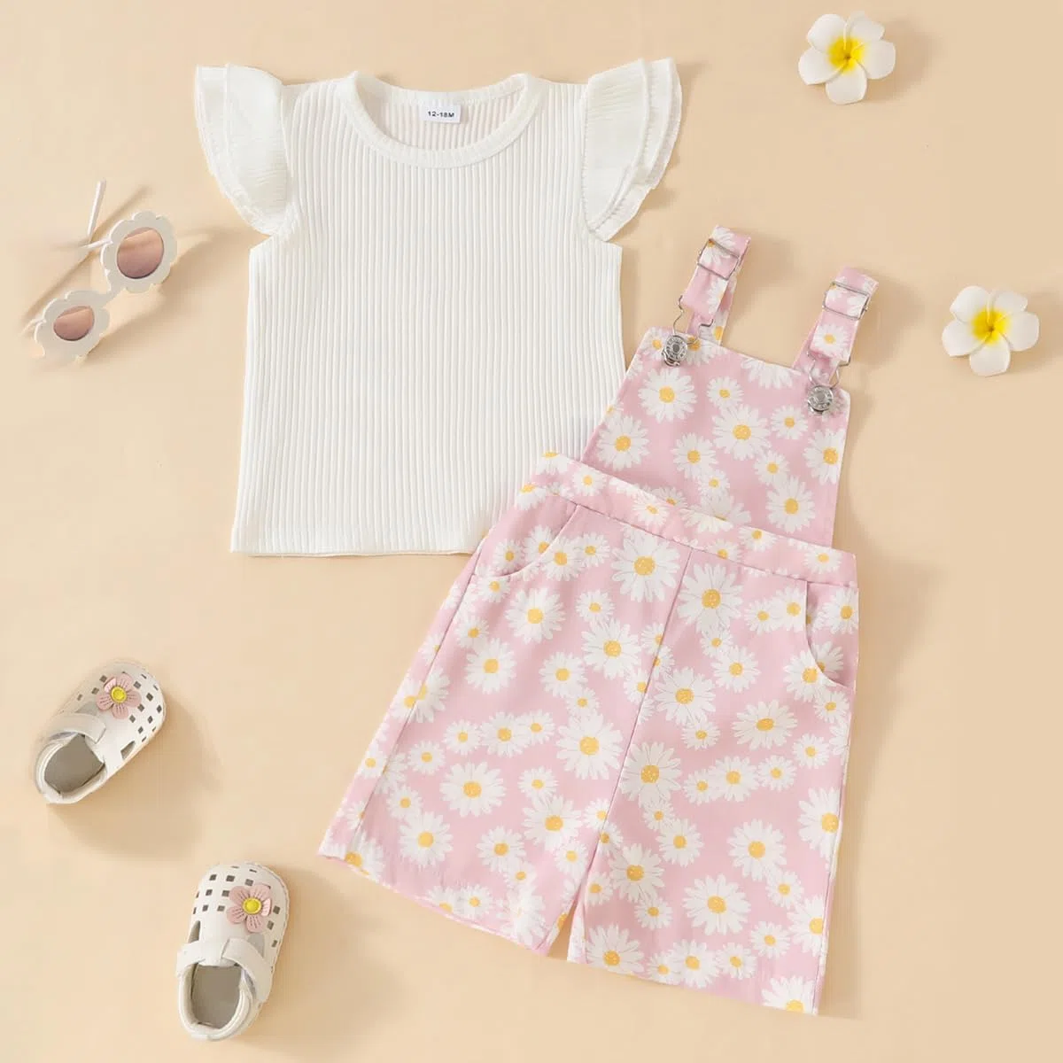 Vestito estivo per bambina, con maniche a volant + pantaloncini a margherite, grazioso set di vestiti per bambini
