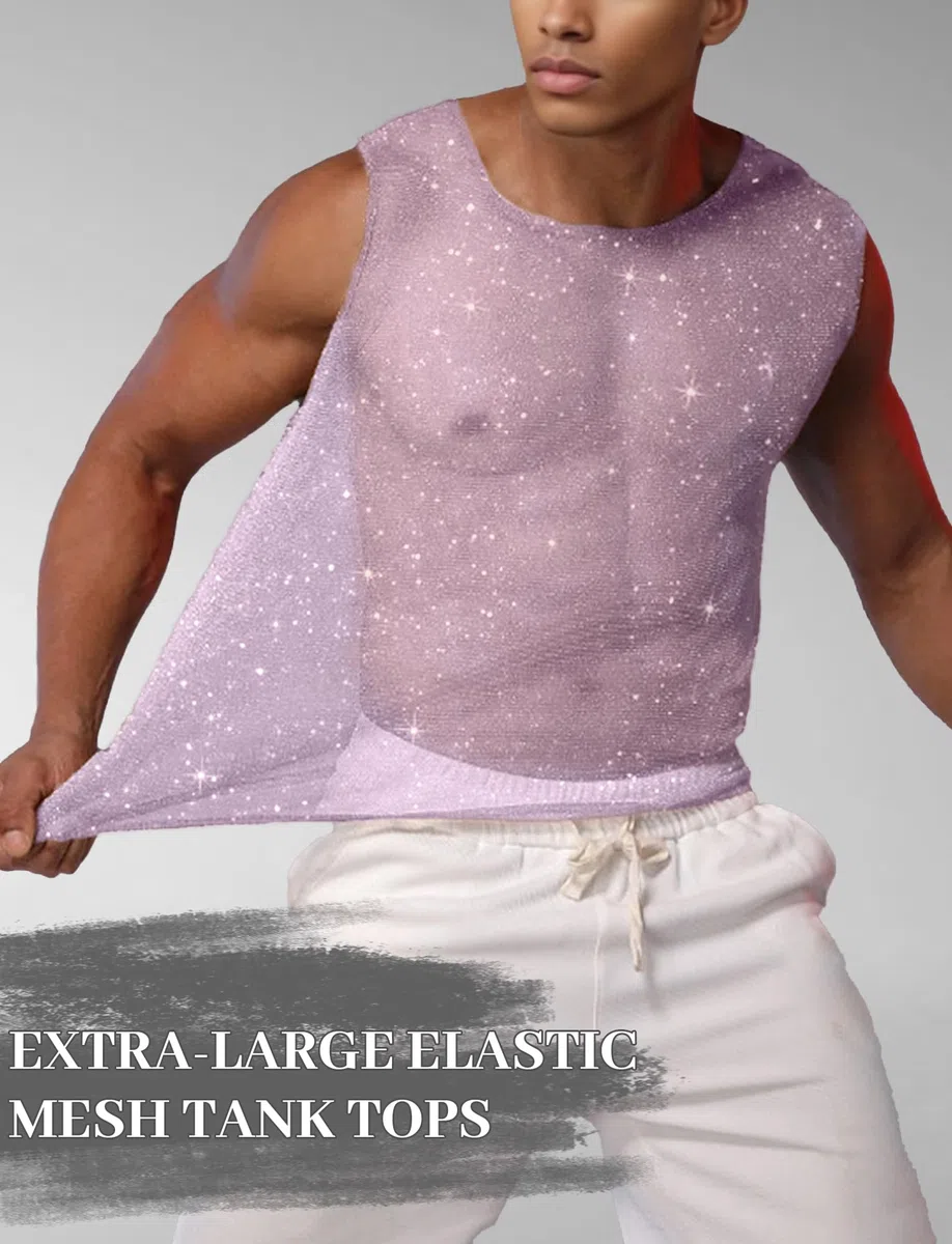 AIEOE Canottiera da uomo con brillantini, in rete trasparente, per la palestra, per il clubwear