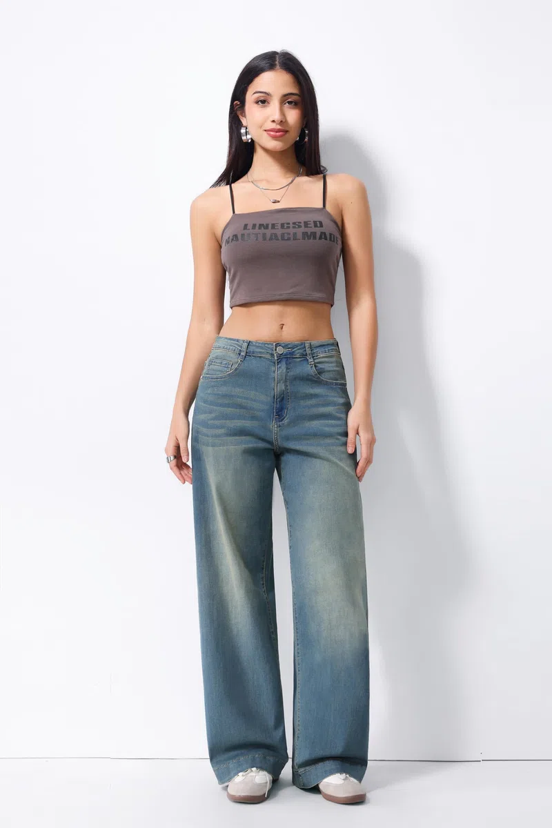 Jeans Donna Vita Alta Gamba Larga Denim Elasticizzato Lavaggio Chiaro Casual Streetwear Comodi