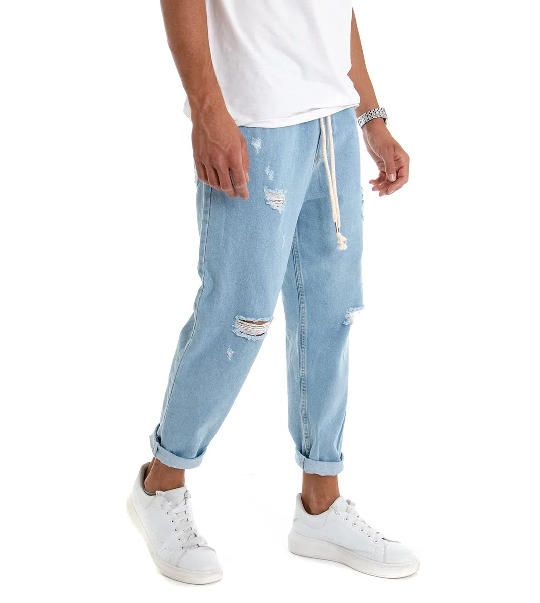 Pantalone Uomo Jeans Tinta Unita Rotture Elastico Coulisse