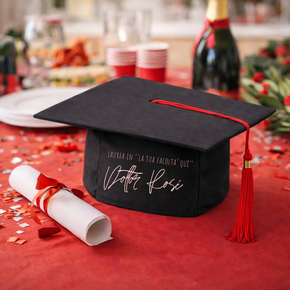 D&Vlab Tocco Cappello Festa di Laurea per Uomo Donna con Nappa Personalizzato con Cognome e Facoltà - Berretto Laureato Nero e Rosso in Medicina Laureato Ingegneria