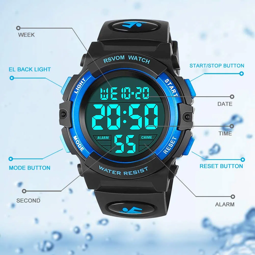 Orologio digitale per bambini e ragazzi, impermeabile, per attività all'aperto, sportivo, con sveglia/cronometro, orologio digitale per bambini per regali di compleanno/regali blu, S, cinturino