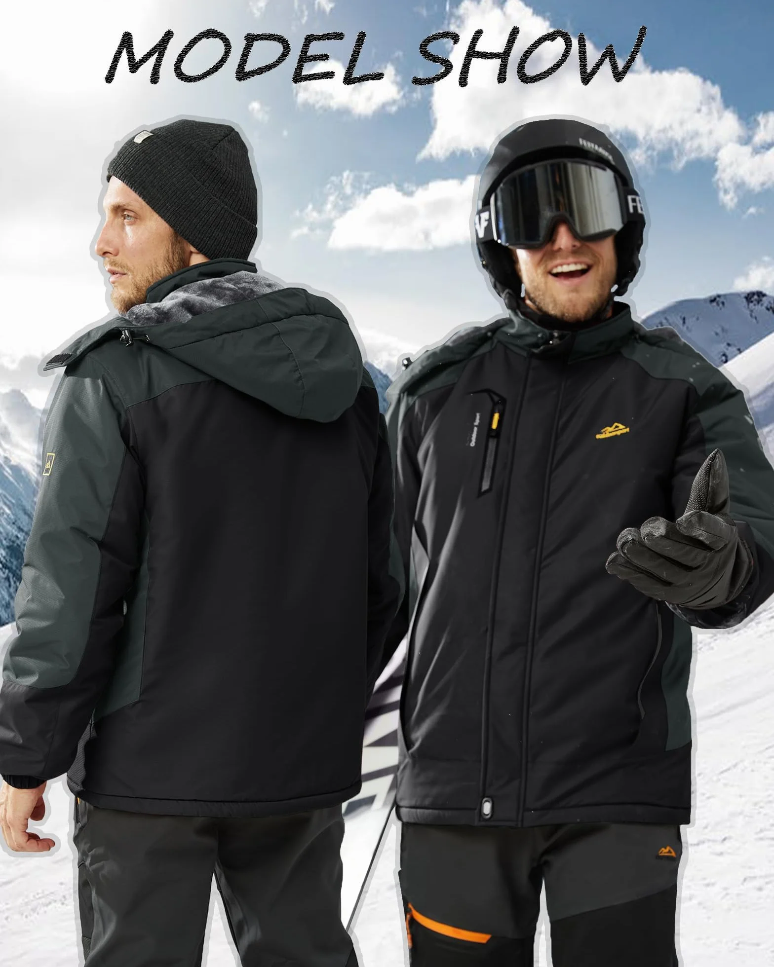 KEFITEVD Giacca Invernale Uomo Giacca da Sci Impermeabile Calda Foderata Outdoor con Cappuccio Staccabile Softshell Giacca Invernale in Pile