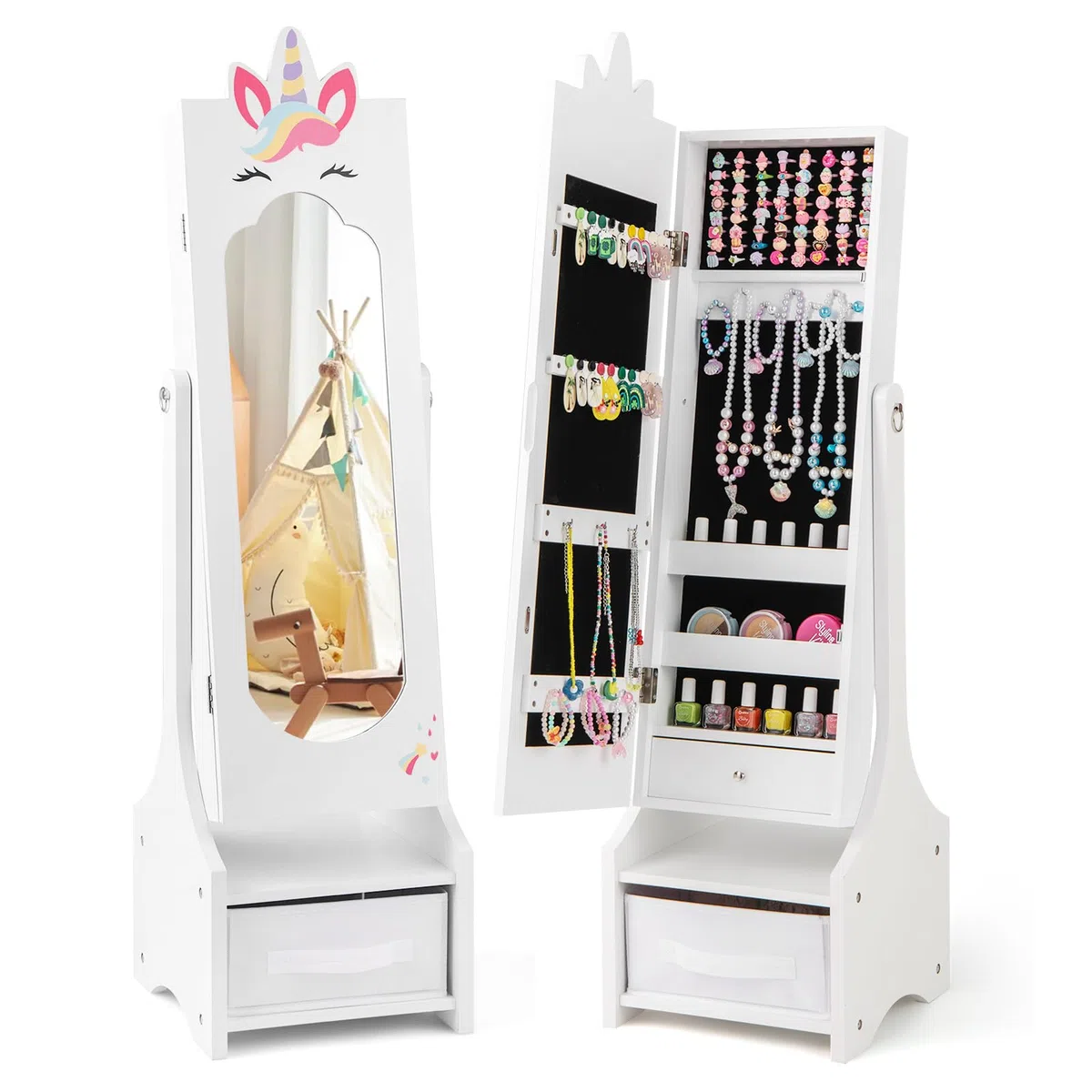GYMAX Armadio per Gioielli per Bambini con Specchio a Figura Intera e Cassetto, 2 Angoli di Inclinazione Regolabili, Armadio per Gioielli da Principessa per Cameretta, 31,5 x 30 x 115 cm (Bianco)