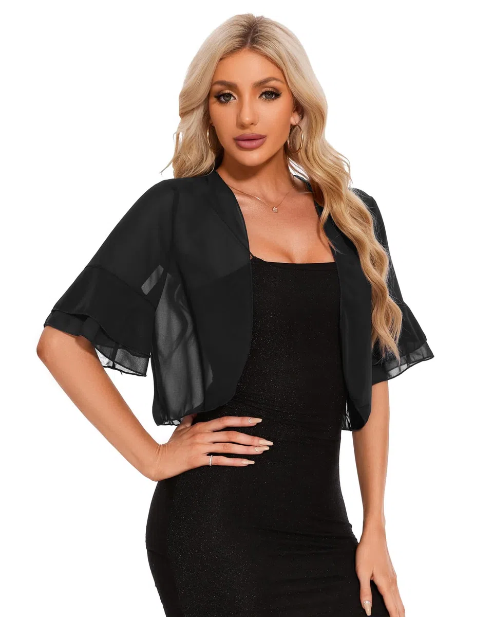Coprispalle Donna Chiffon Bolero Elegante Estivo Corta Maniche per Abito da Sera Cardigan Corto Leggero Moda Giacca Corta Aperta Shrug Casual