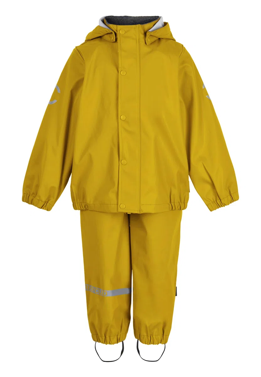 Mikk-line Set pioggia in due pezzi con bretelle, conforme allo standard Oeko-TEX 100, in poliuretano riciclato al 100%, per ragazzi e ragazze, pantaloni impermeabili e impermeabili, dettagli