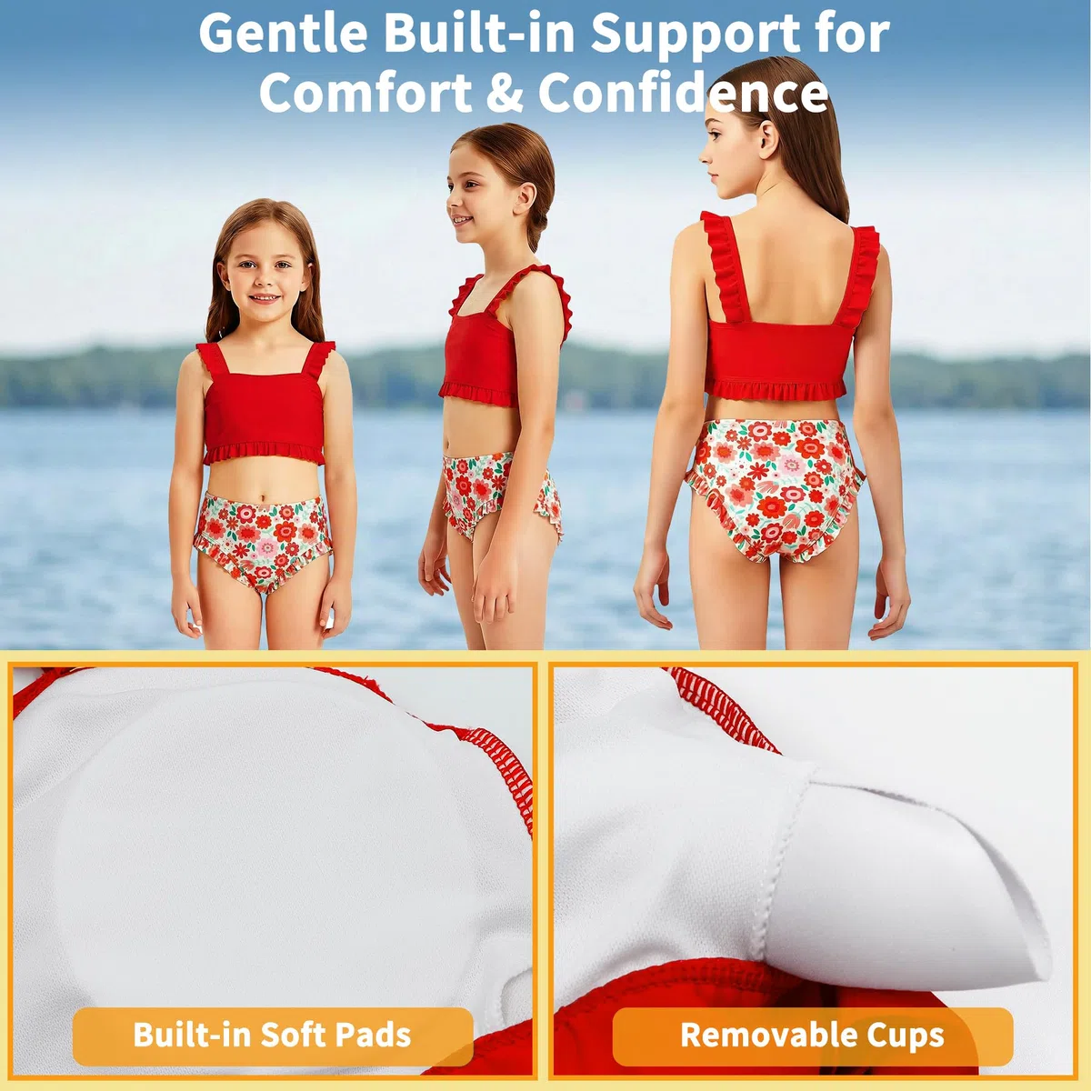 JinBei Set Bikini Ragazze, Costumi da Bagno 2 Pezzi Volant Top e Mutandina Stampa Floreale da Bagno Bambina Estate Abbigliamento da Spiaggia per Piscina Spiaggia Vacanze, 7-13 Anni