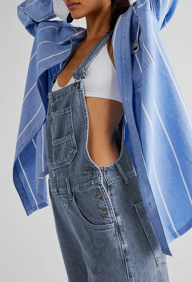 Sovoyontee Salopette da donna estiva, larga, in jeans, con bretelle