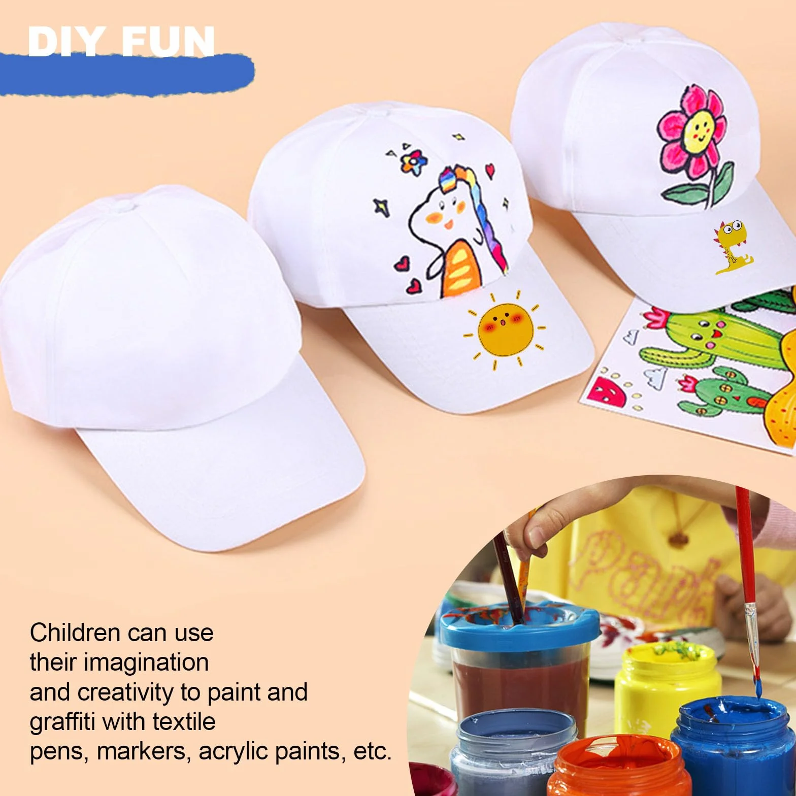 HASLED Cappello Baseball DIY, 5 Pezzi Berretto Uomo Bianco, Cappello con Visiera Uomo, Cappello con Fibbia di Regolazione Utilizzato per Feste Artistiche e Interazione Genitore Figlio