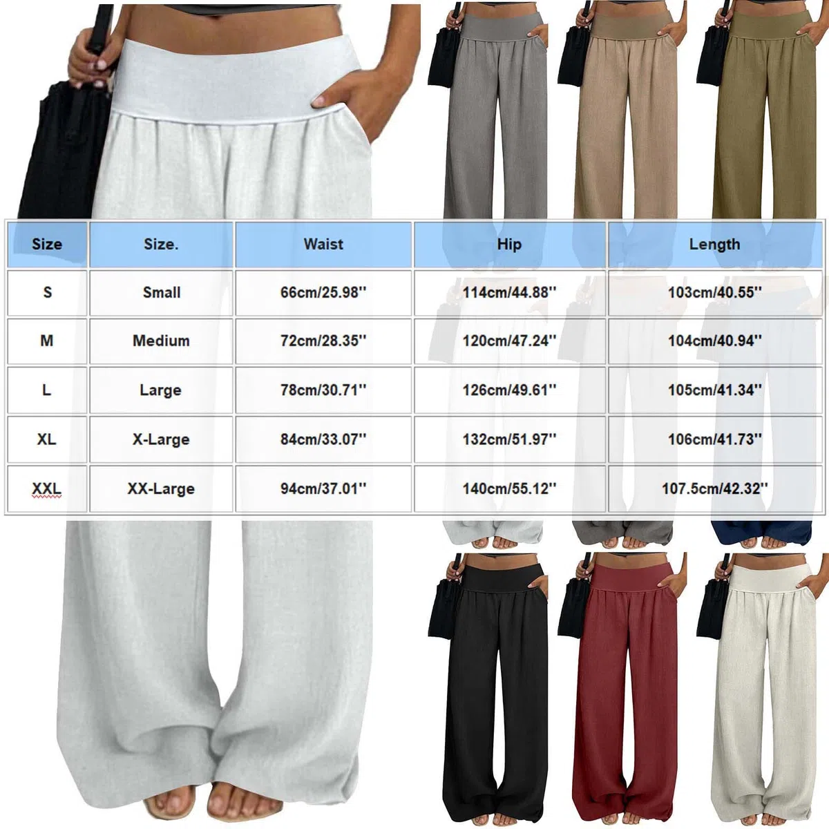 Pantaloni Donna Lino Larghi Pantalone Estivi Fluidi Vita Alta Pantalone Casual per Business Pantaloni con Tasca Gamba Larga Pants Comodi Elastico per Ufficio Pant Taglie Forti e Coulisse Regolabile